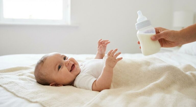 Gros plan sur un nourrisson joyeux à côté d un biberon évoquant l alimentation bébé 3 mois