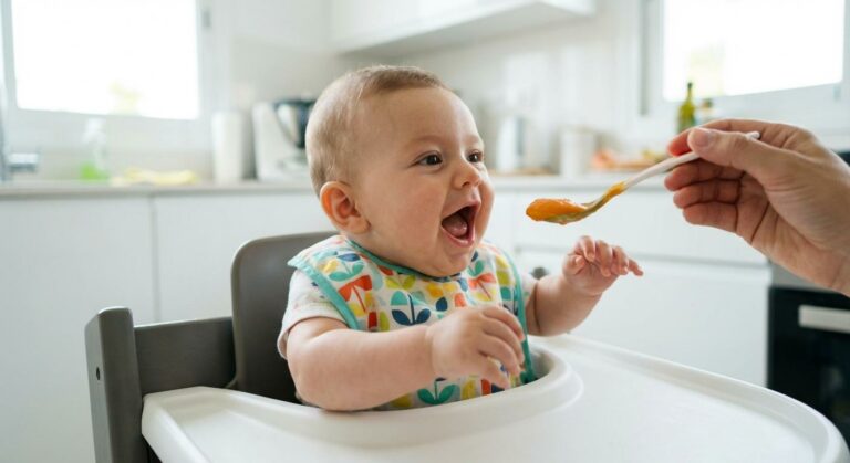 Un bébé de 4 mois curieux goûte sa première purée de carottes lors de l'initiation à l'alimentation bébé 4 mois