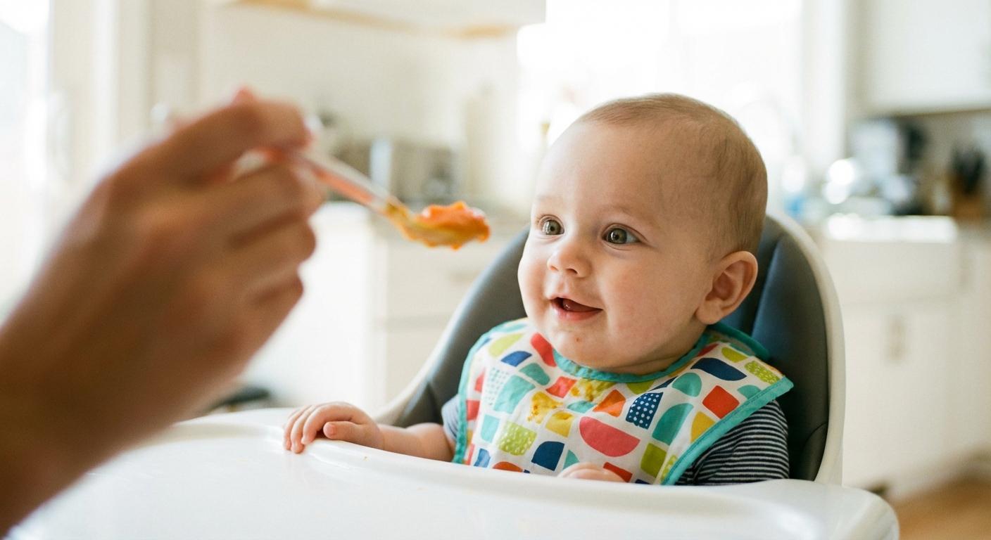 Smiling baby in high chair tasting vegetable puree for 5-month-old baby feeding