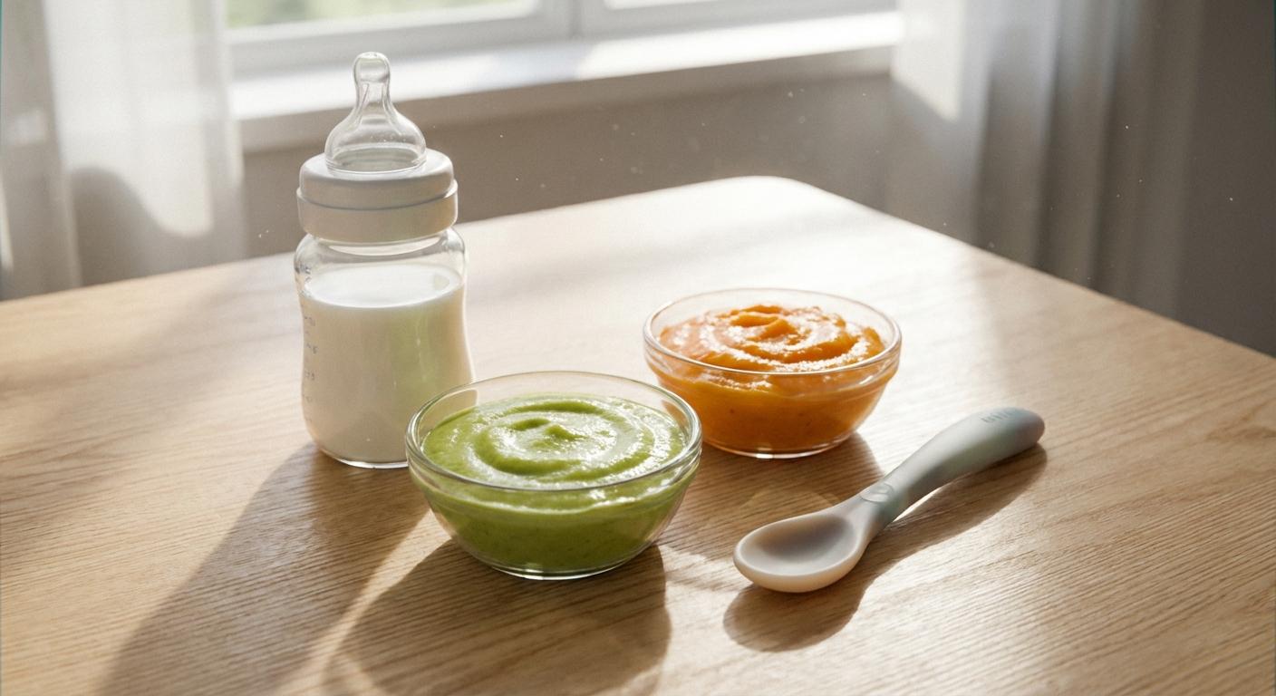 Assortment of bottle and smooth vegetable purees adapted for 5-month-old baby feeding