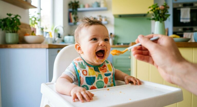 A smiling baby in a high chair discovering their first vegetable puree representing baby food 6 months.