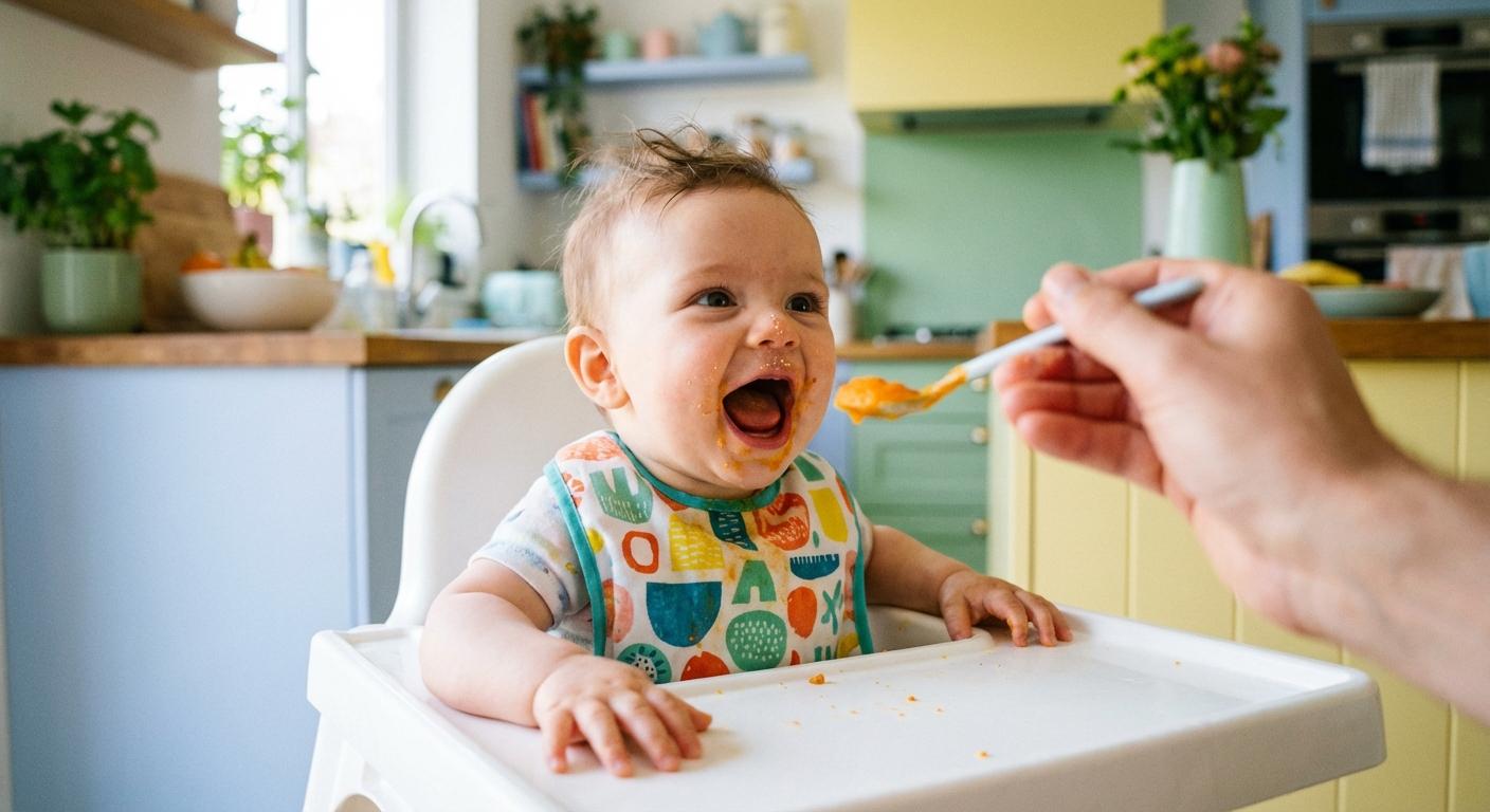 A smiling baby in a high chair discovering their first vegetable puree representing baby food 6 months.