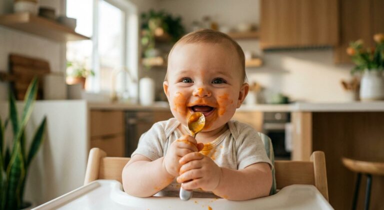 Joyful 7 month old baby in a high chair with puree on face illustrating baby food 7 months.