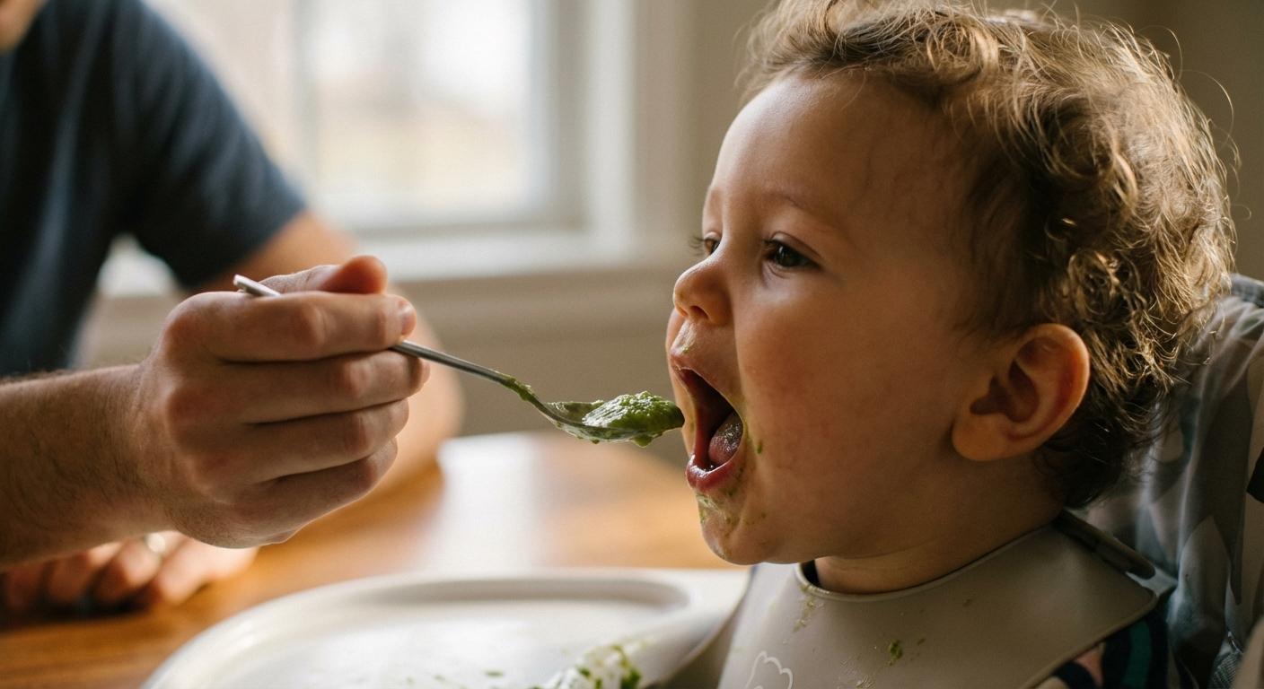 Curious baby opening mouth for a spoon of green vegetable puree in the context of baby food 7 months.