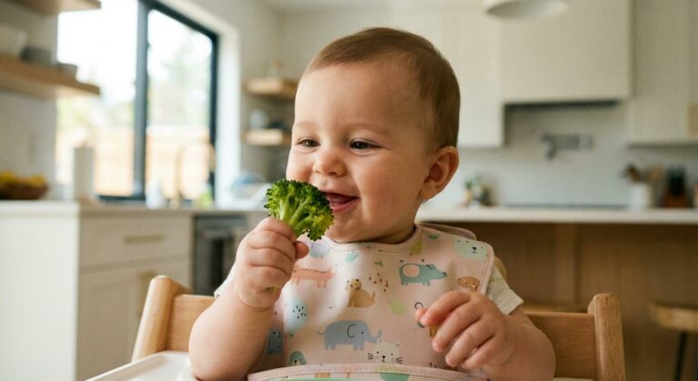 Bébé de 8 mois souriant dans sa chaise haute découvrant l'alimentation bébé 8 mois avec des légumes