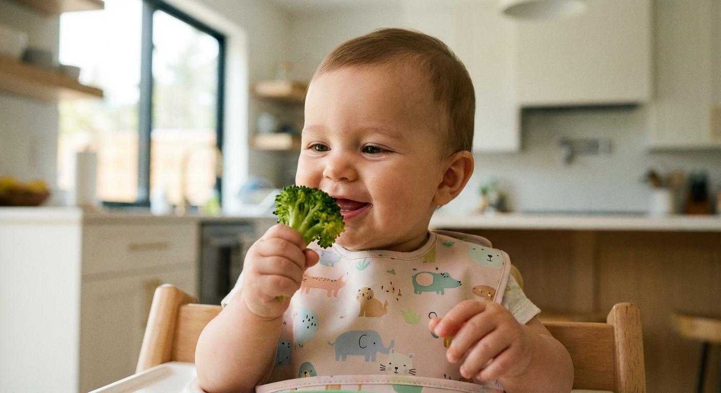Bébé de 8 mois souriant dans sa chaise haute découvrant l'alimentation bébé 8 mois avec des légumes