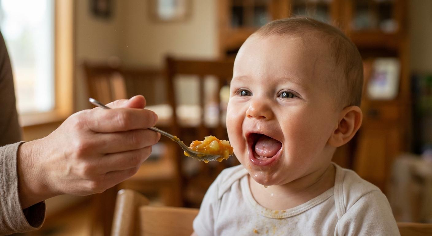 Gros plan sur un enfant acceptant une cuillère de purée texturée pour l'alimentation bébé 8 mois