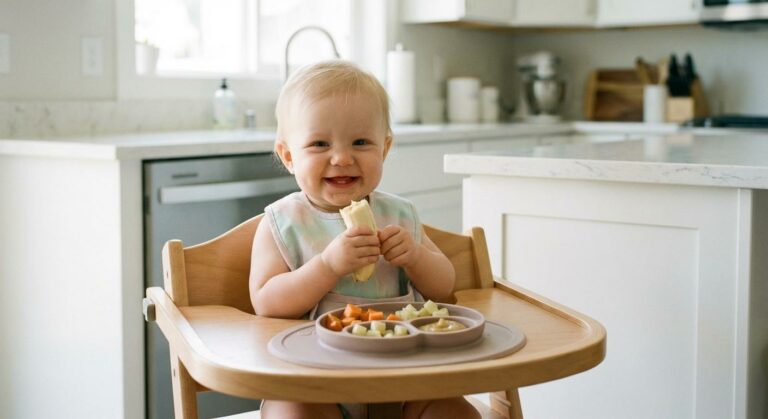 A smiling baby sitting in his high chair discovers 9 month baby food with fruits and vegetables
