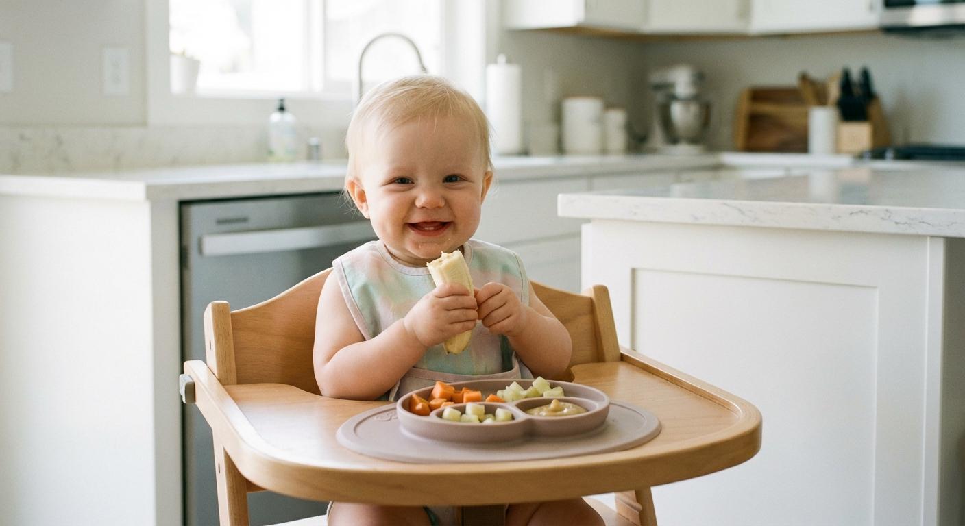 A smiling baby sitting in his high chair discovers 9 month baby food with fruits and vegetables