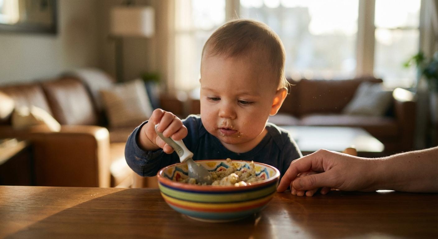 A child learning to eat crushed texture dishes suitable for 9 month baby food alone