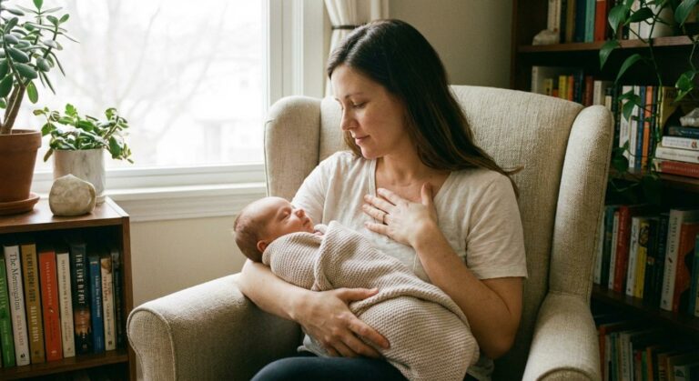 Maman tenant son bébé apaisé tout en ressentant une allaitement douleur irradiante après la tétée