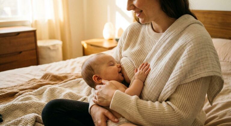 A sleeping baby at the breast illustrating the link between breastfeeding and baby sleep in a calm atmosphere