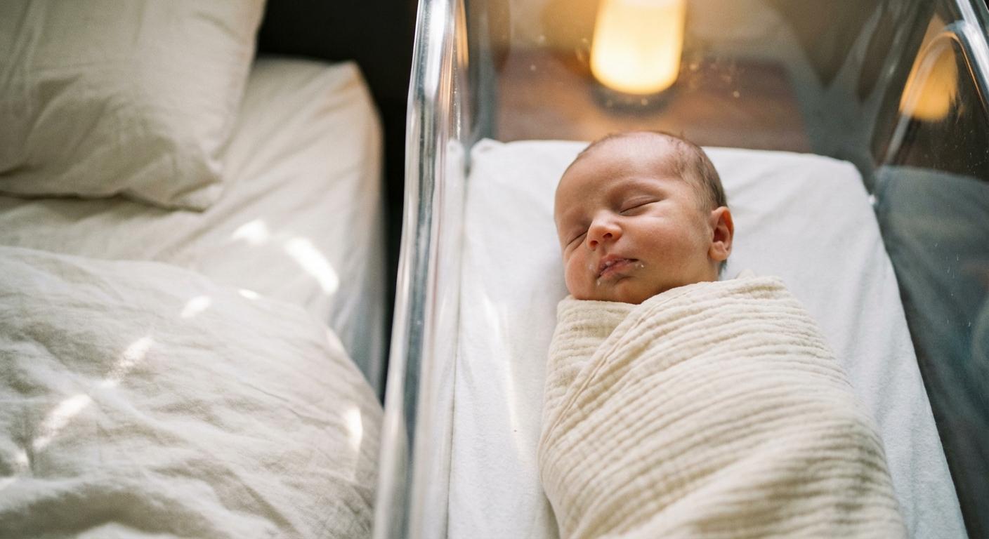 A soothed infant sleeping in his co-sleeping crib after a successful breastfeeding and baby sleep cycle