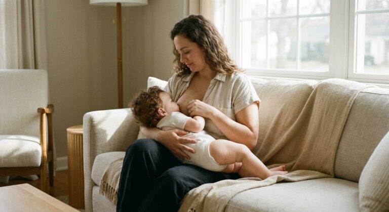Mother and child comfortably seated on the sofa to breastfeed after 6 months