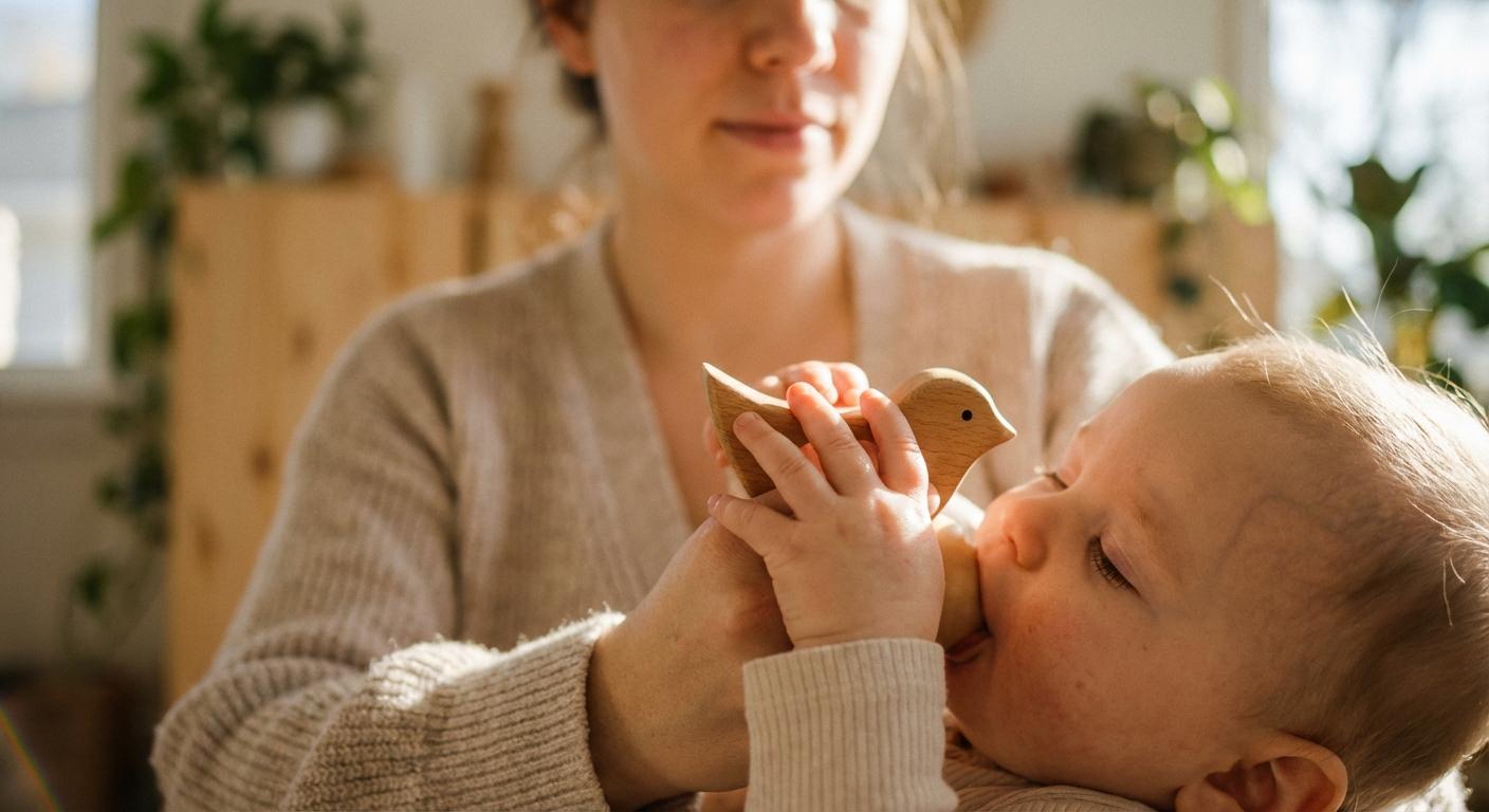 Close up on a baby holding a toy enjoying the moment to breastfeed after 6 months