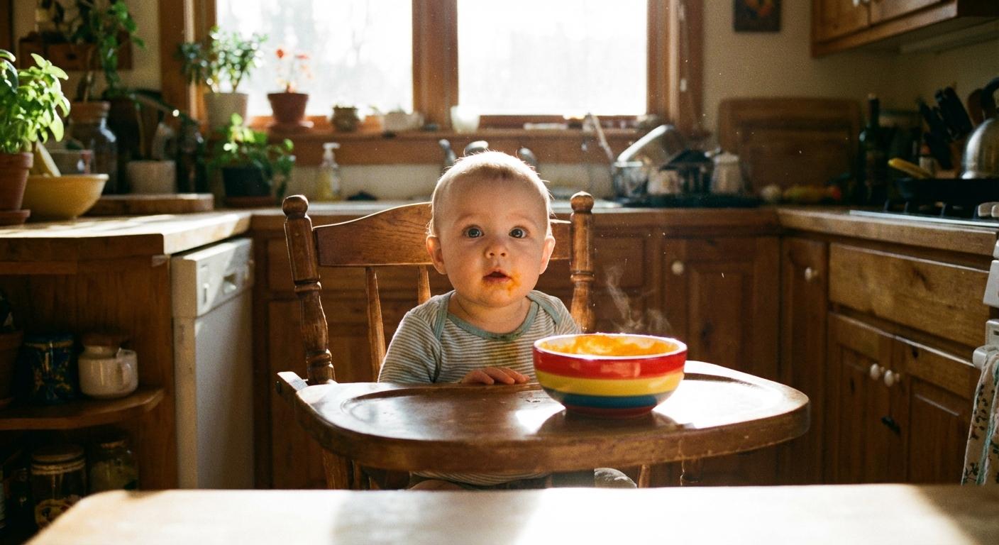 Un bébé joyeux dans sa chaise haute s'apprête à manger son repas sous surveillance d'une possible allergie au poisson bébé