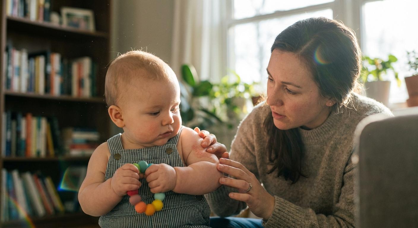 Maman inspectant la peau du bras de son enfant pour vérifier une réaction cutanée typique d'une allergie au poisson bébé