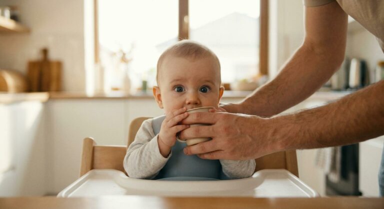 A six-month-old baby learns to drink milk from a small open cup, an effective method as an alternative to the baby bottle.