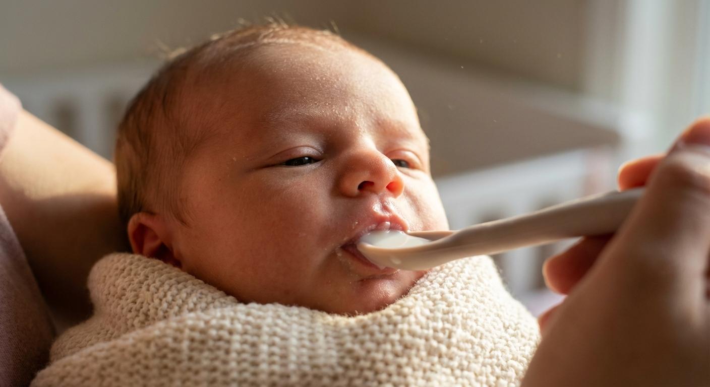 A soothed newborn receives breast milk using a small soft spoon, a gentle technique and an alternative to the classic baby bottle.
