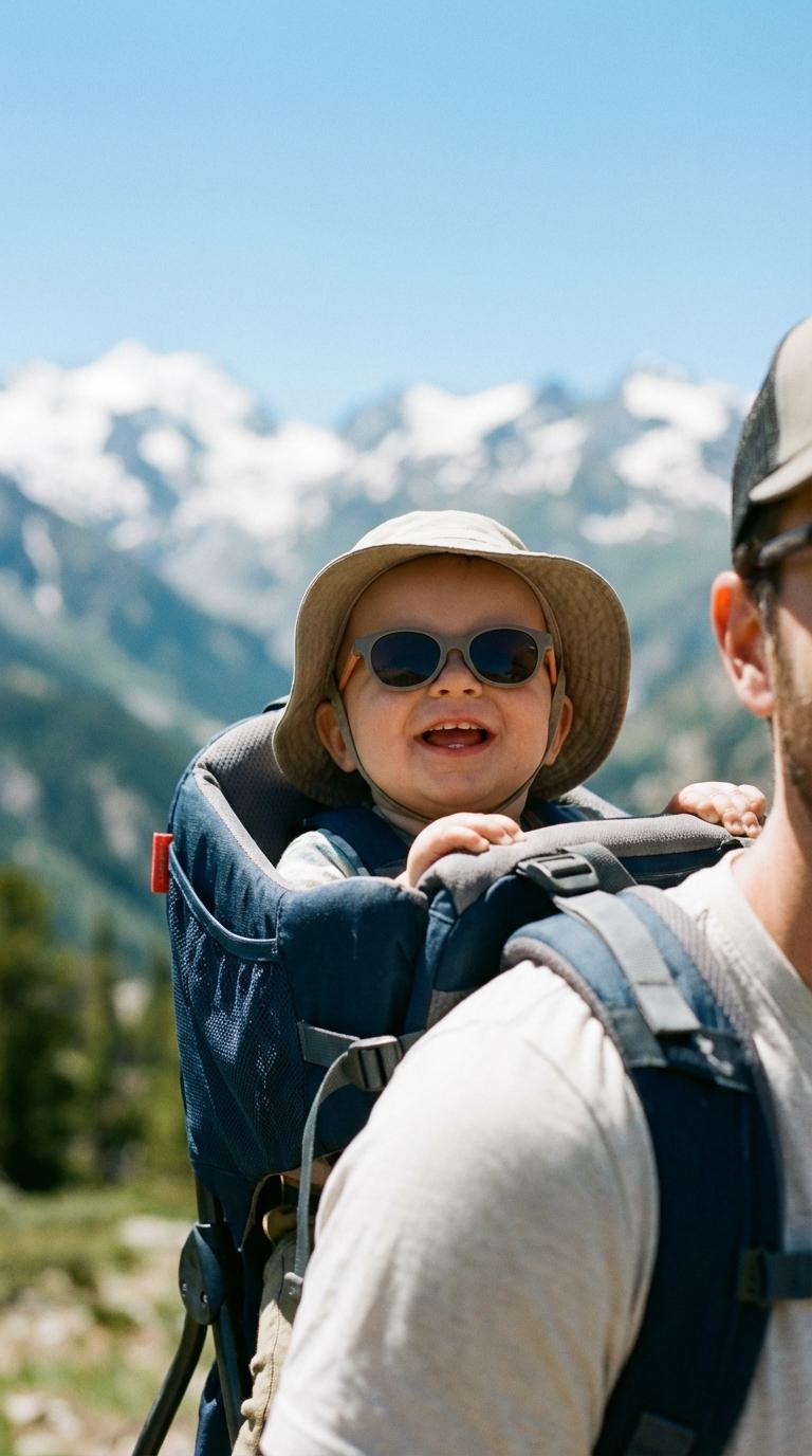 Smiling baby in a carrier during a mountain hike illustrating altitude and baby management