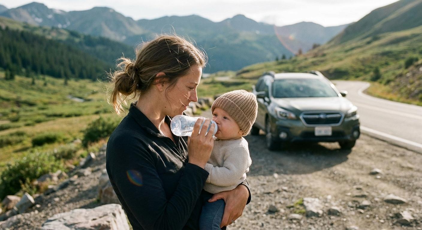 Mother hydrating her child during a road break to manage the effects of altitude and baby
