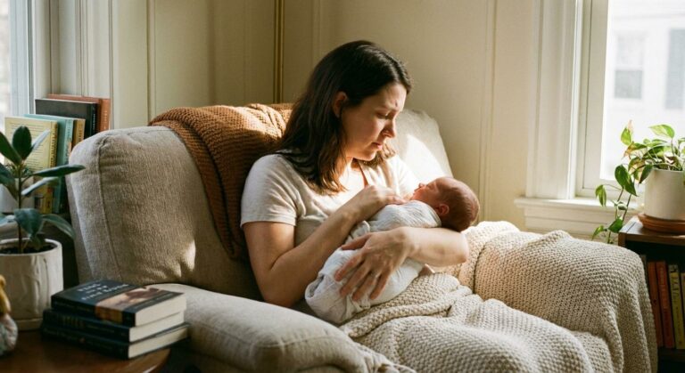 A mom holding her baby in her arms in a bright bedroom illustrating the context of needle-like breastfeeding pain linked to a milk blister