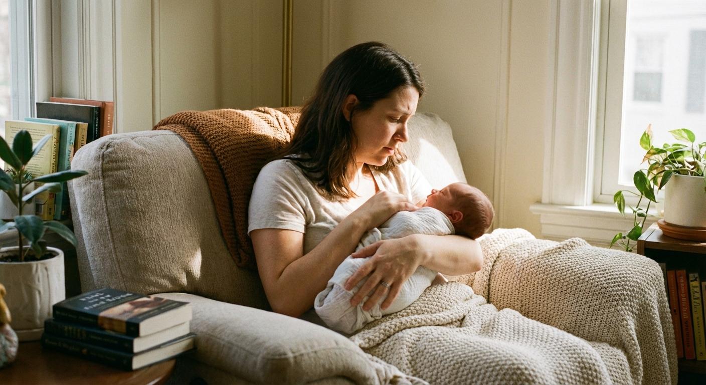 A mom holding her baby in her arms in a bright bedroom illustrating the context of needle-like breastfeeding pain linked to a milk blister
