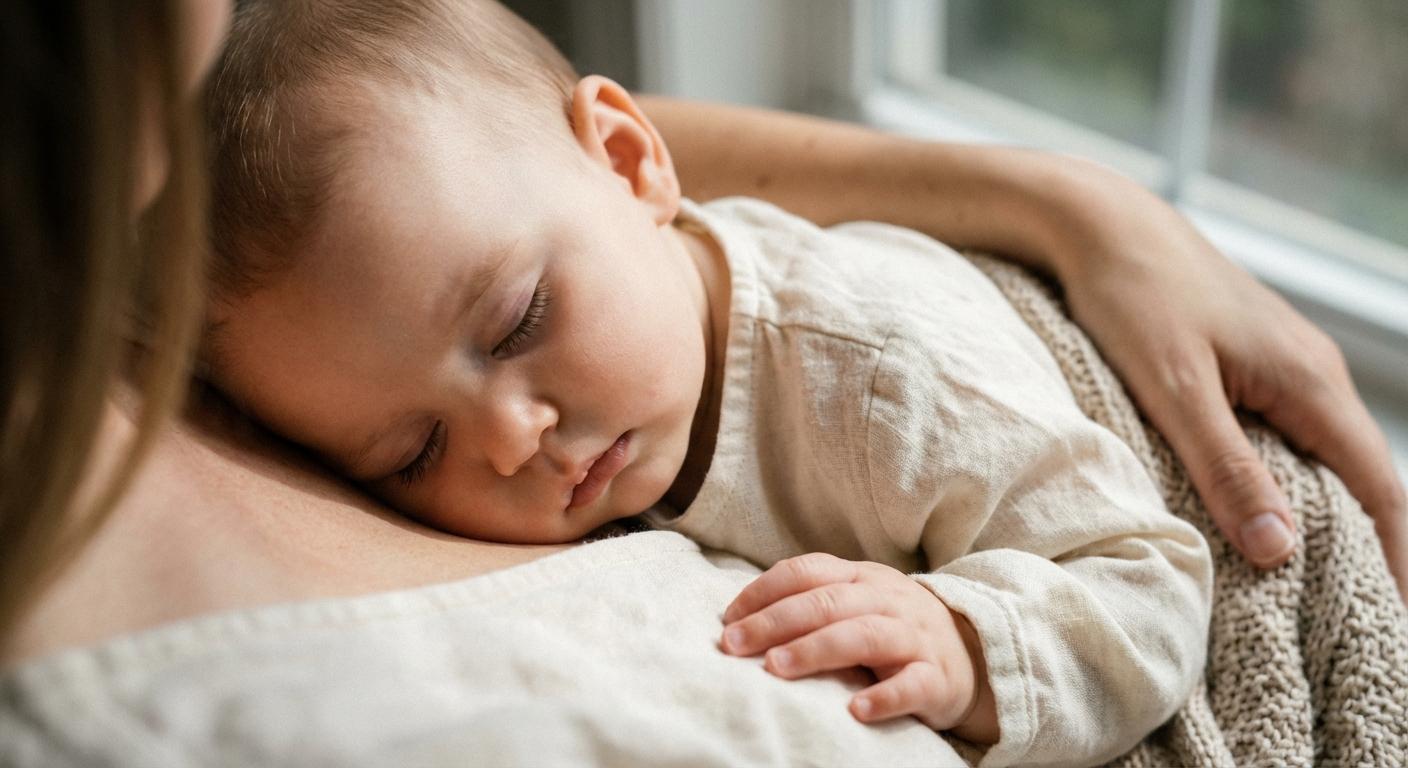 A baby sleeping peacefully against his mother evoking relief after treating a painful milk blister