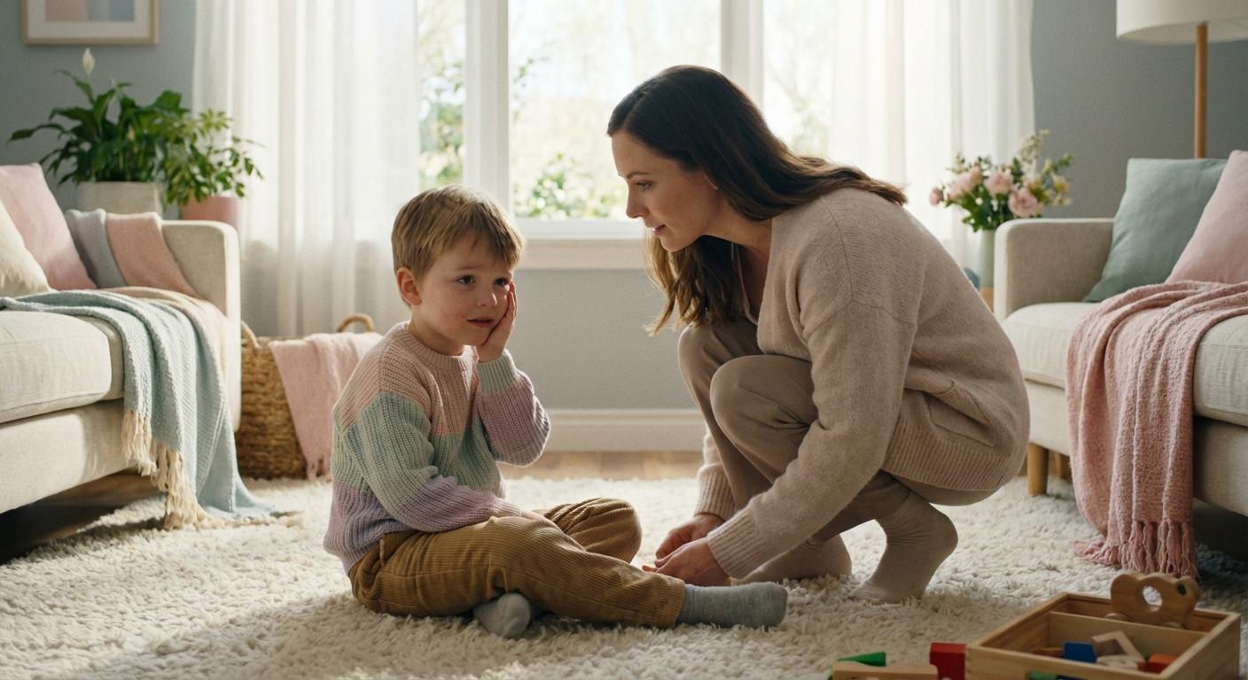 A little boy holding his cheek due to the pain caused by a child canker sore while his mother reassures him
