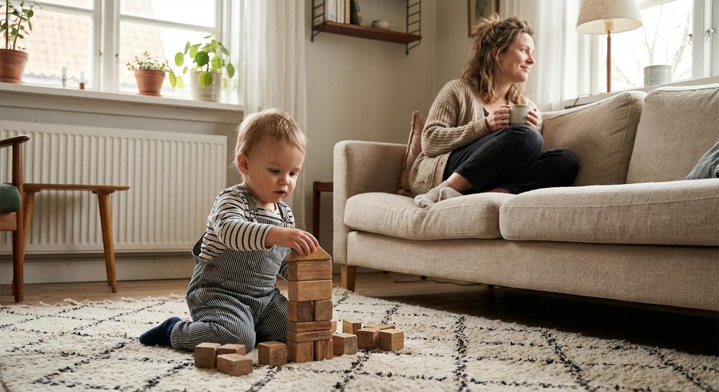 Un enfant en bas âge jouant au sol pendant que sa mère se repose sur le canapé durant son arret maladie apres congé parental.