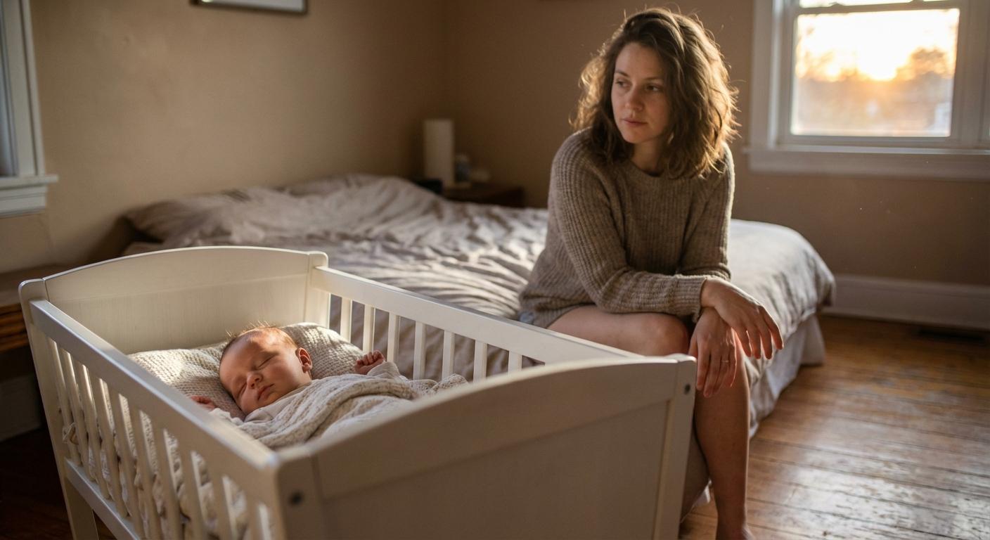 Un bébé dormant paisiblement dans un berceau tandis que sa mère récupère durant son arret maladie apres congé parental.