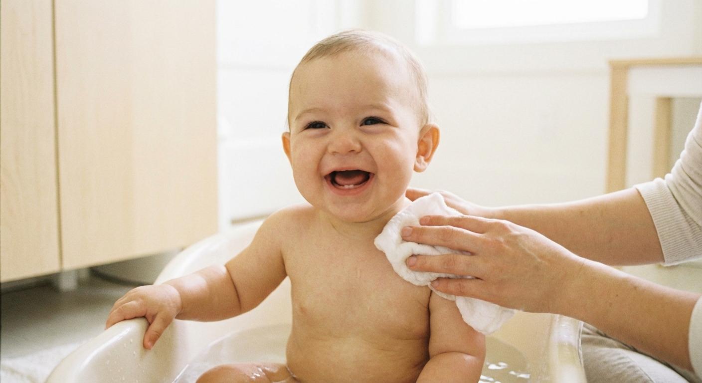 Smiling baby being washed with a washcloth illustrating the dilemma of what to wash baby with washcloth or sponge
