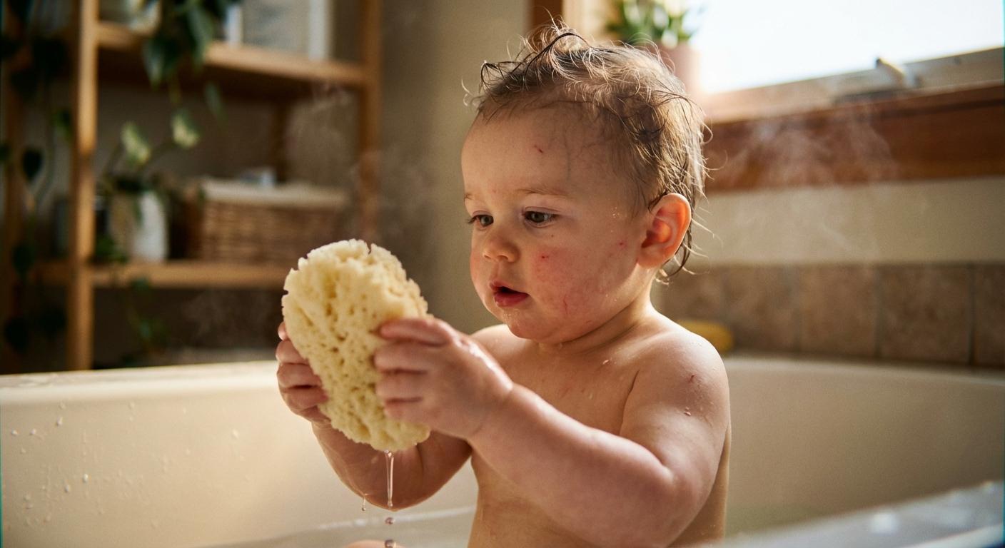 Baby holding a natural sponge in the bath for the comparison of what to wash baby with washcloth or sponge