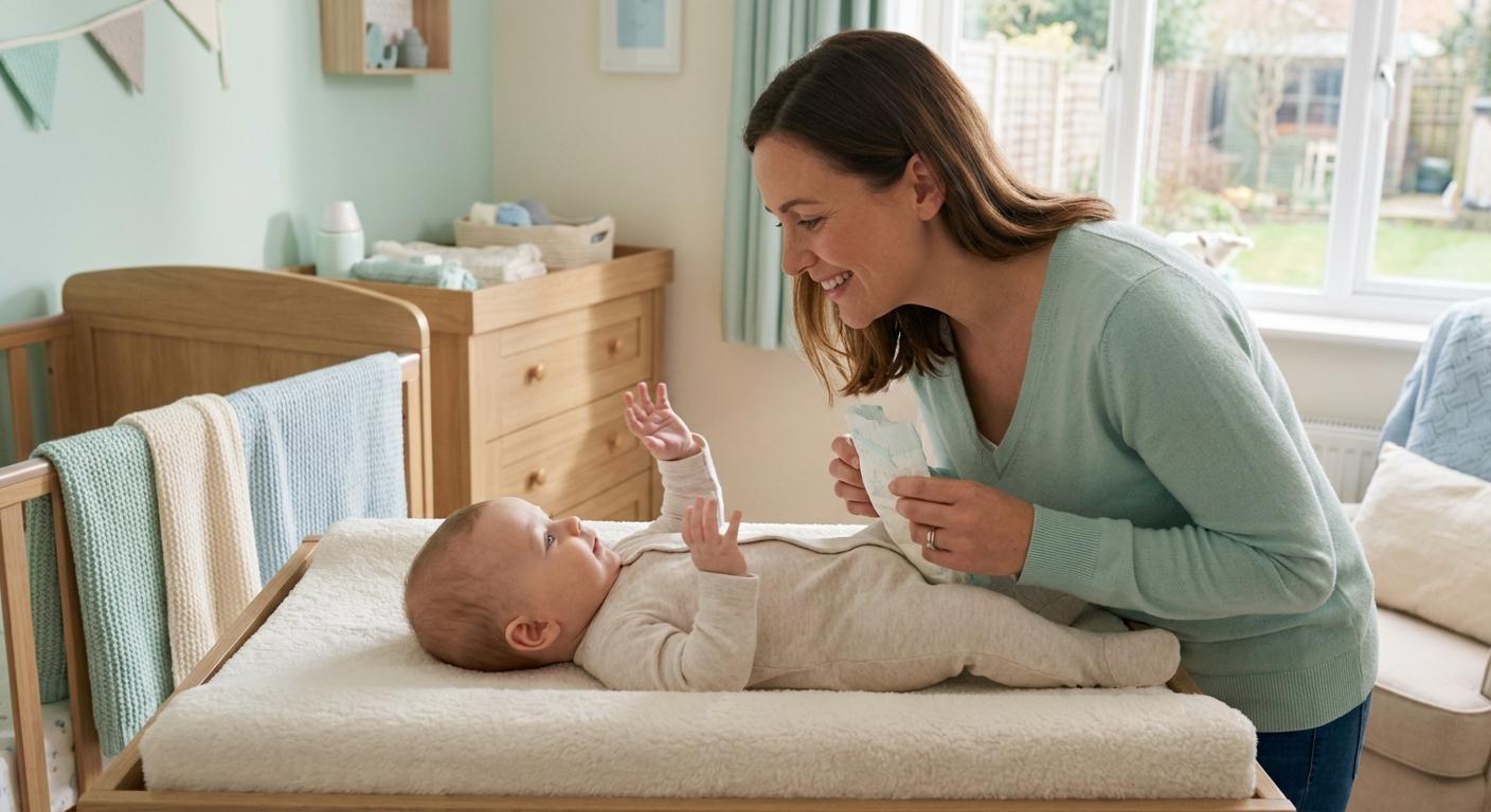 A calm baby on a changing table during preventive hygiene care against baby balanitis