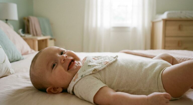 Joyful portrait of a 2-month-old baby drooling on a colorful bib