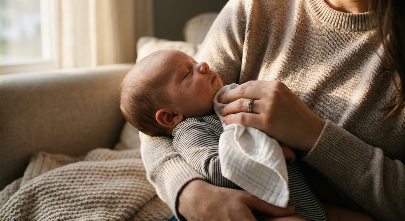 A parent gently cleans the chin of a 2-month-old baby drooling with a cloth