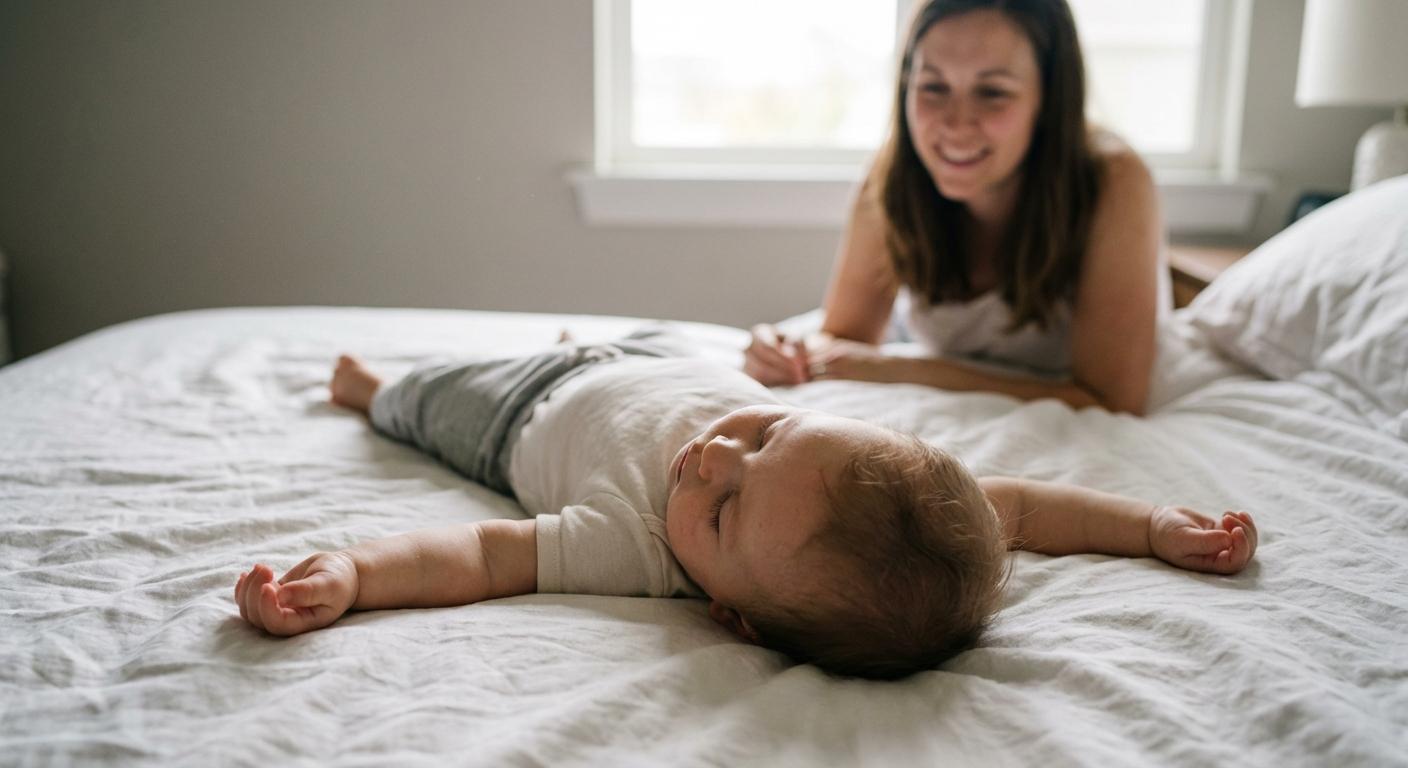 Une maman surveille son enfant alors que le bébé dort les bras en l'air sur le lit
