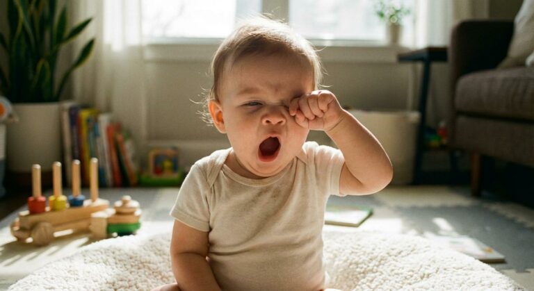 A tired baby yawning and rubbing eyes potentially indicating a baby lacking iron and symptoms of anemia