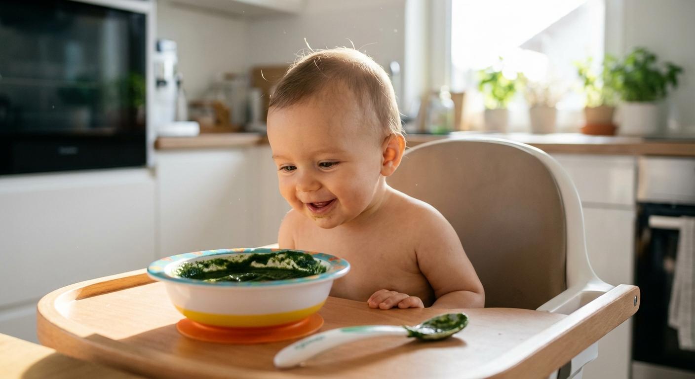 A child in a high chair ready to eat nutrient-rich puree to avoid a baby lacking iron and its symptoms