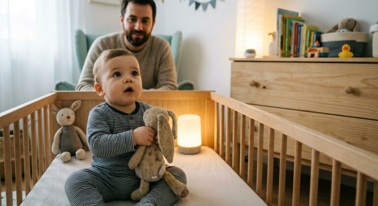 An awake baby sitting in their crib at night illustrating a baby who cannot sleep in their bed