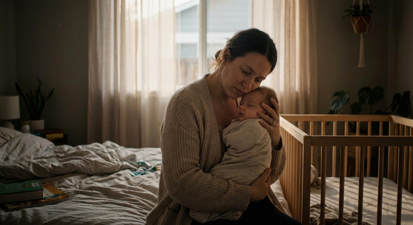 A mother rocking her calm child next to the crib to reassure a baby who cannot sleep in their bed