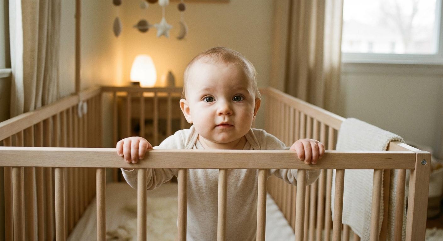 A standing baby holding the crib bars because baby does not want to sleep in his bed