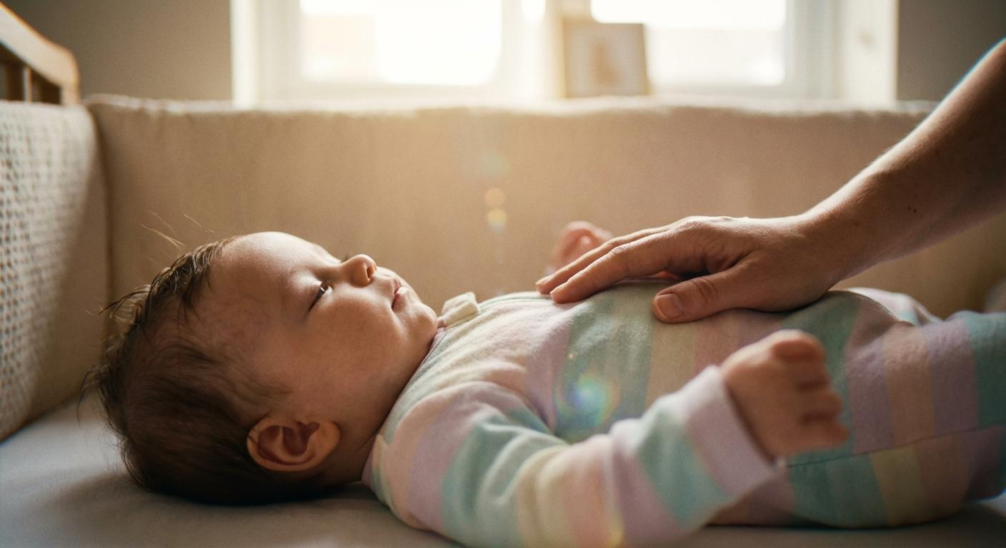 A mother soothing her child to sleep when baby does not want to sleep in his bed