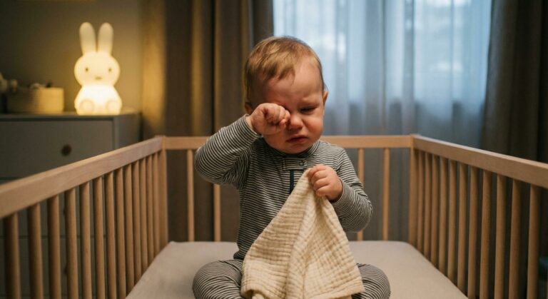 Bébé se frotte les yeux dans son lit car bébé pleure de fatigue mais ne veut pas dormir