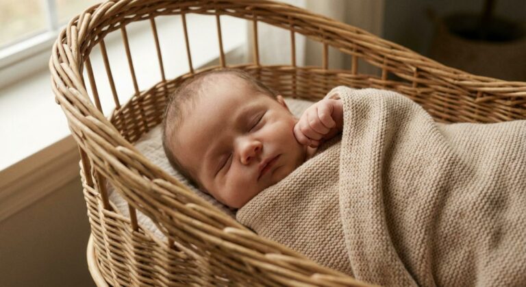 A newborn sleeping peacefully in a cradle with a baby closed fist against the cheek