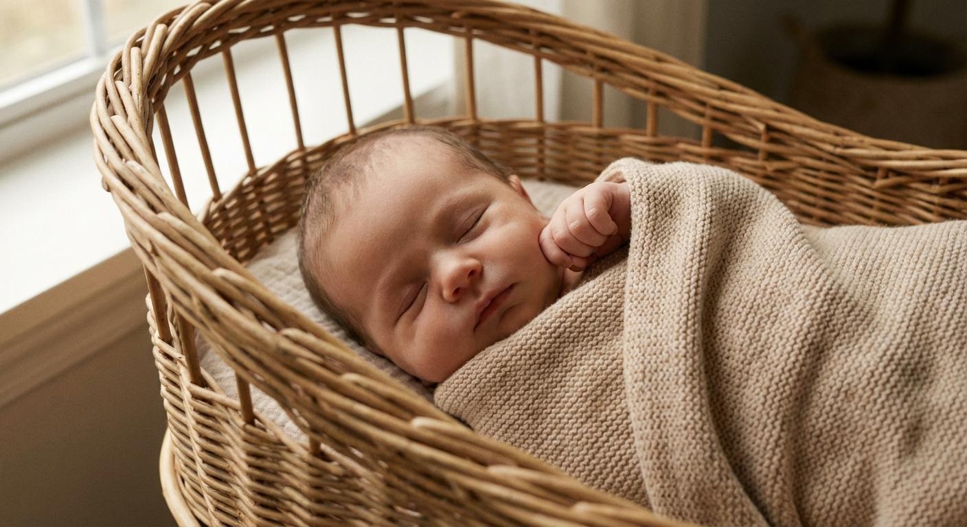 A newborn sleeping peacefully in a cradle with a baby closed fist against the cheek