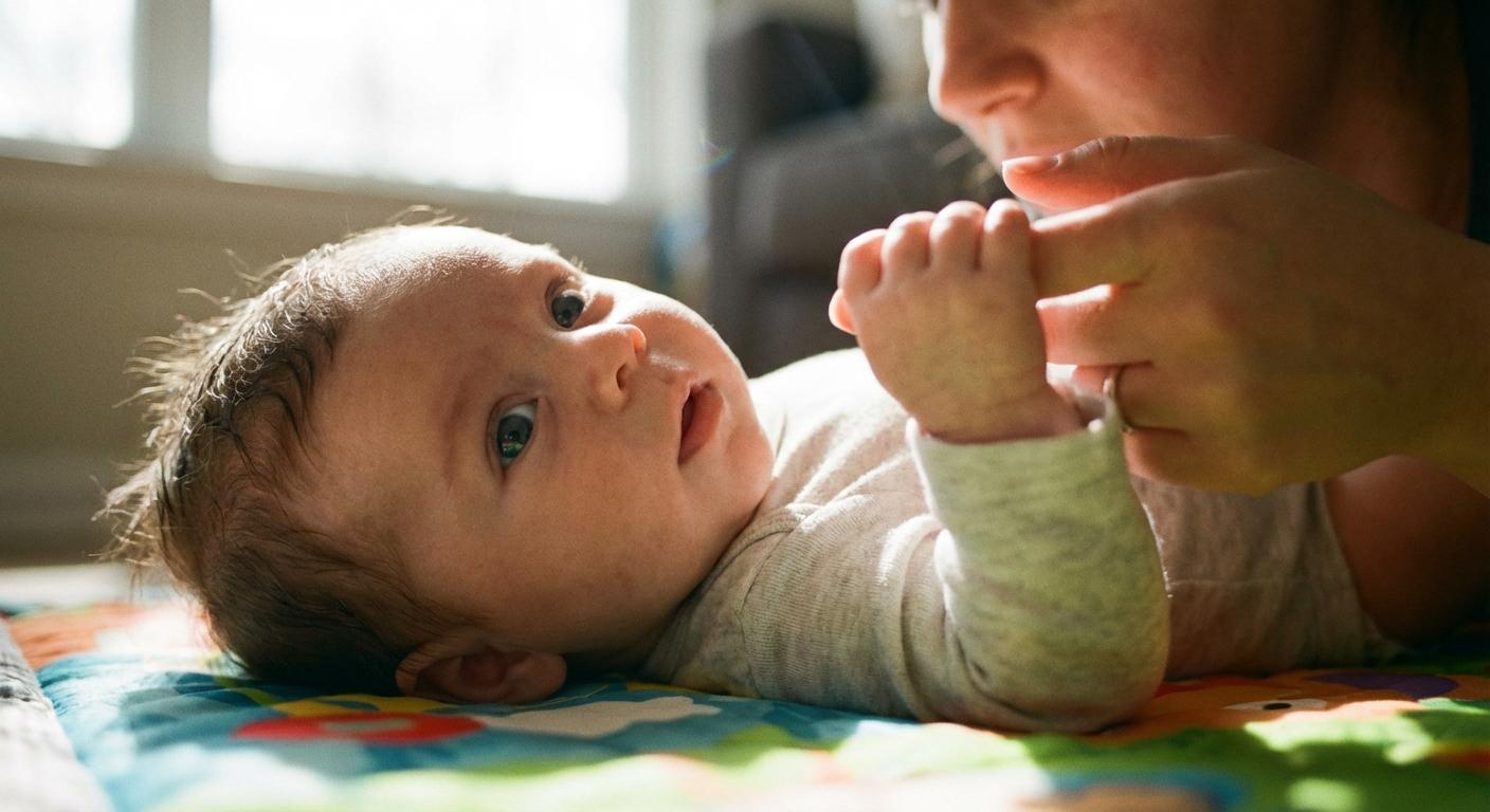 A smiling baby on a playmat illustrating the baby closed fist reflex by grasping a finger