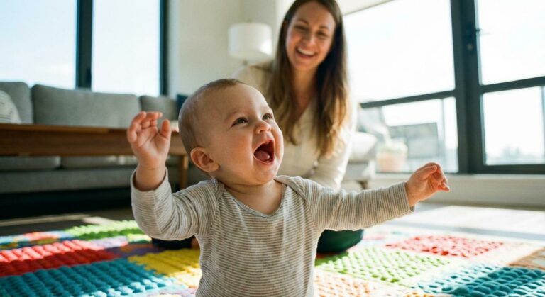 Un adorable bébé qui crie pour s'exprimer assis sur son tapis de jeu dans un salon lumineux