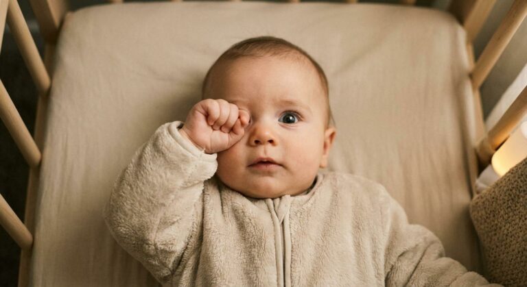 A baby fighting sleep rubbing eyes in his crib