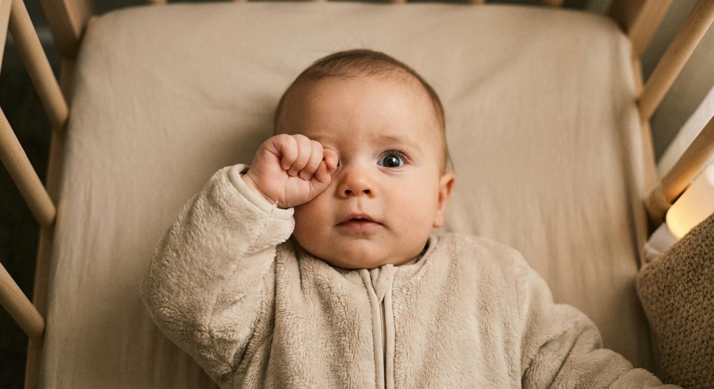 A baby fighting sleep rubbing eyes in his crib